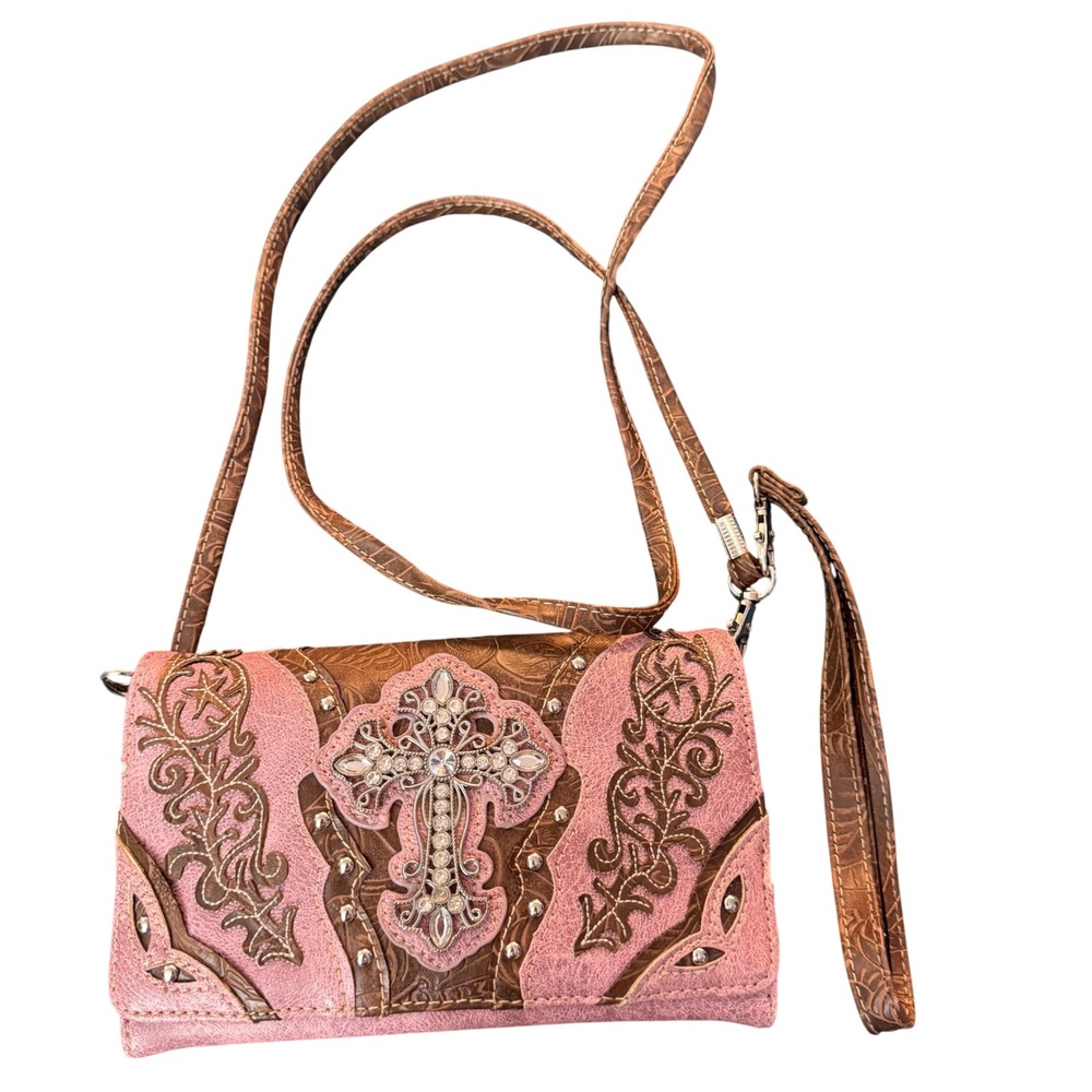 Crossbody‎ Cell Phone Bag Wallet Pink Western Rhinestone Cross Purse Handbag